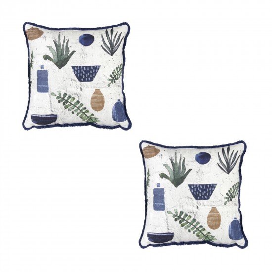 Pillow (Set Of 2) 15" Cotton, White, Blue, Green