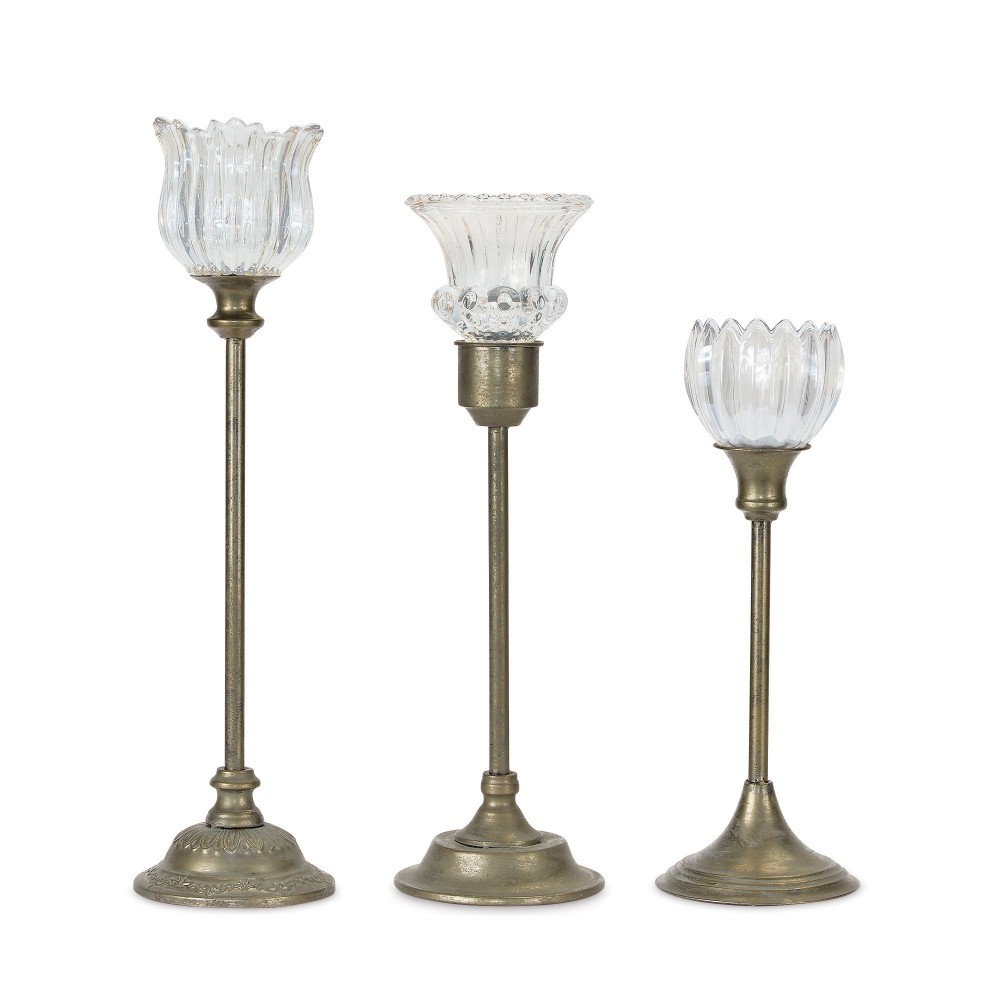 Candle Holder (Set Of 3) 18.5"H, 22.25"H, 24"H Metal/Glass