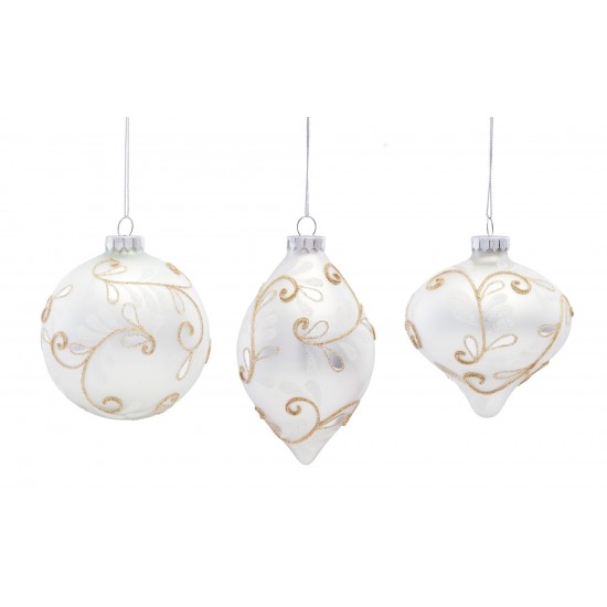 Ornament (Set Of 6) 5"H, 5.25"H, 6"H Glass, White, Gold