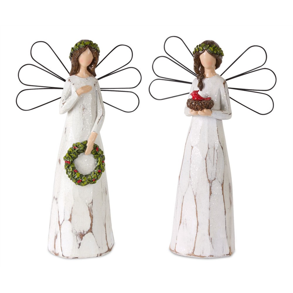 Angel (Set Of 2) 11.5"H Resin, White, Brown, Green