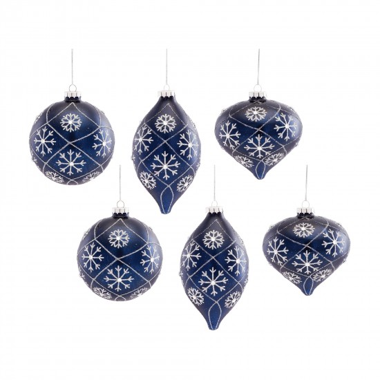 Ornament (Set Of 6) 4.5"H, 4.75"H, 6"H Glass, Blue, Silver