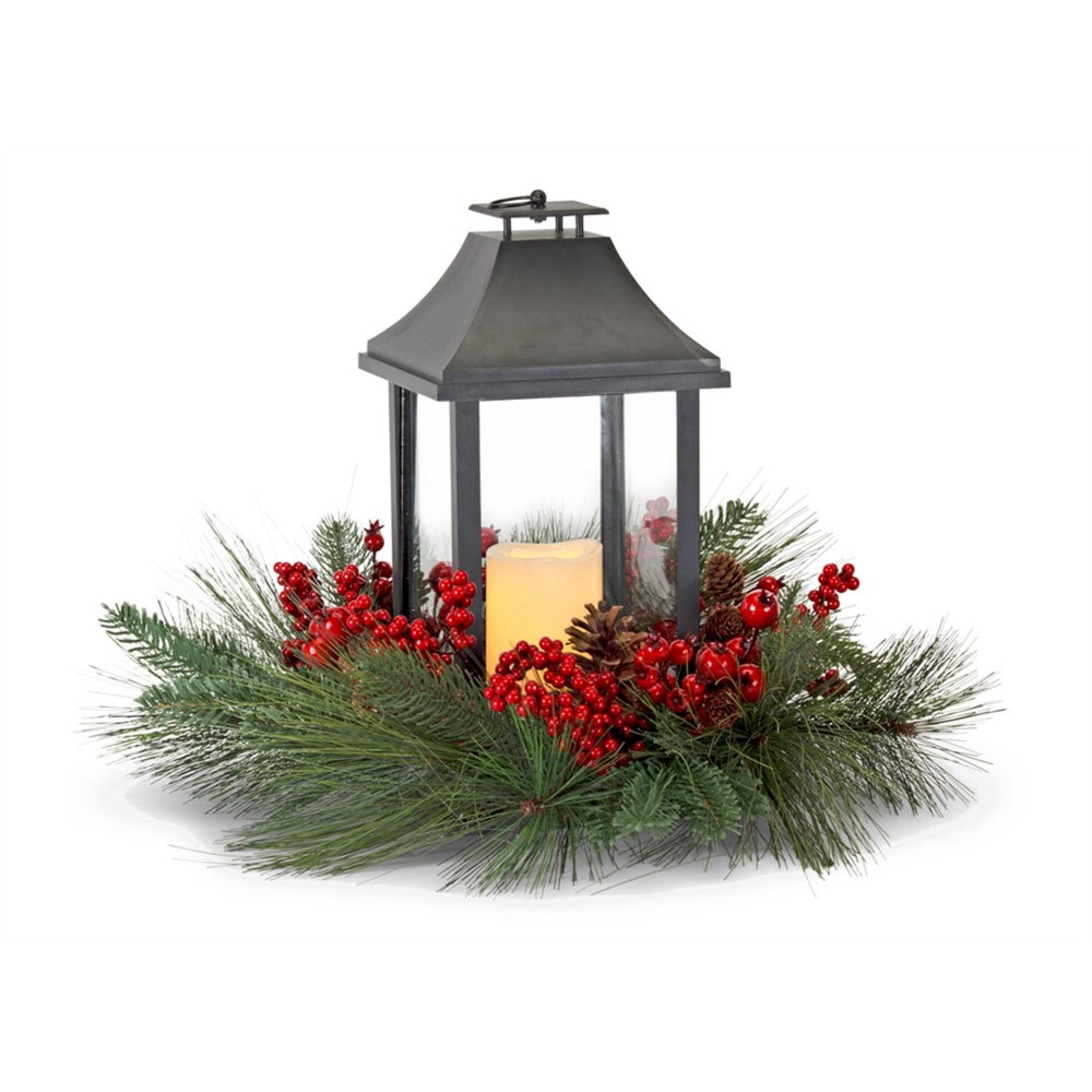 Pine And Berry W/Lantern 20"D x 16"H Plastic/Foam/Metal 6 Hr Timer