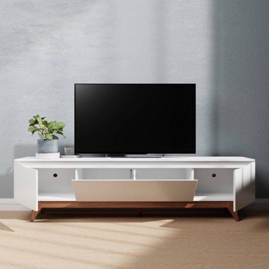 Salle 86.41" TV Stand with Solid Wood Legs in White Gloss