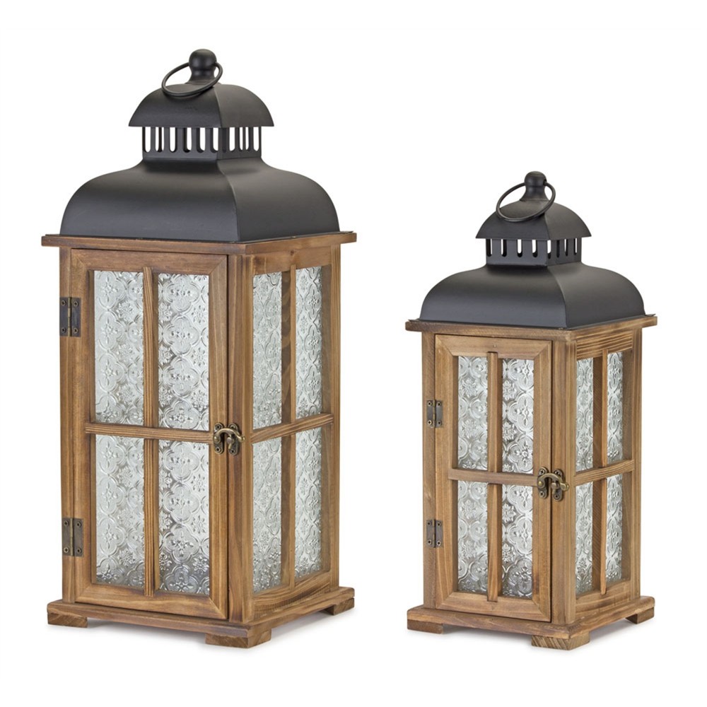 Lantern (Set Of 2) 15.5"H, 19.25"H Wood/Metal Lantern (Set Of 2) 15.5"H, 19.25"H Wood/Metal