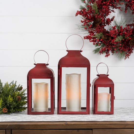 Lantern (Set Of 3) 10"H, 12.75"H, 16"H Iron/Glass, Red, Clear