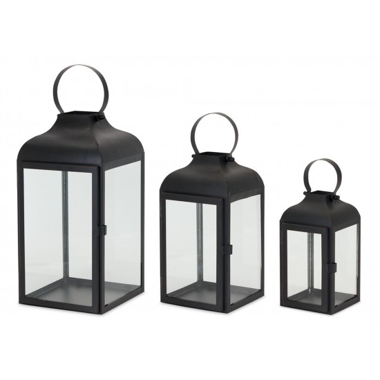 Lantern (Set Of 3) 10"H, 12.75"H, 16"H Iron/Glass, Black, Clear