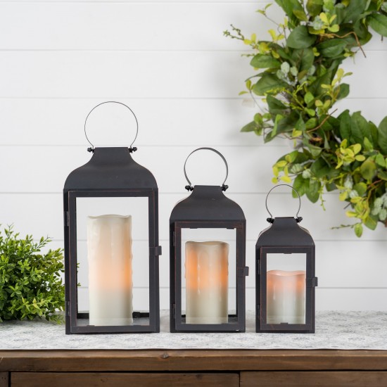 Lantern (Set Of 3) 10"H, 12.75"H, 16"H Iron/Glass, Black, Clear