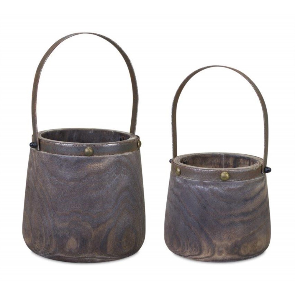 Pail (Set Of 2) 7.5"D x 11.75"H, 9"D x 14"H Wood/Steel, Brown