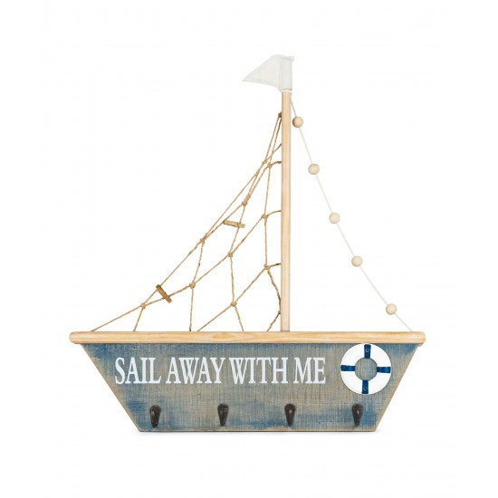 Sail Boat With Hooks 23"L x 24.5"H Wood