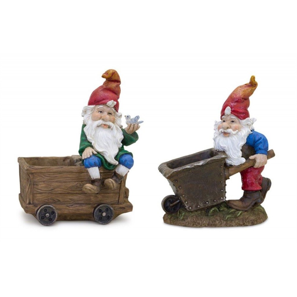 Gnome With Wheelbarrow & Wagon (Set Of 2) 7"L x 8.25"H, 6.5"L x 9"H Resin