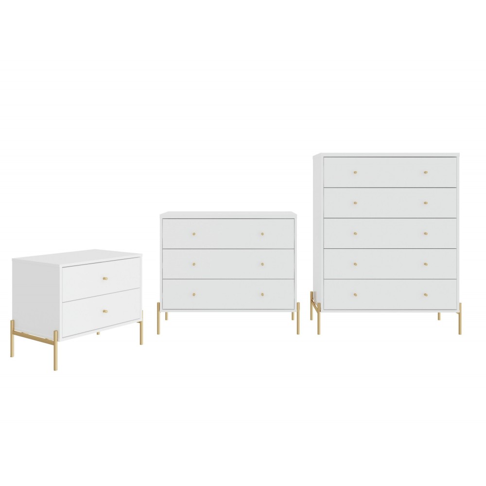 Jasper Tall Dresser, Classic Dresser and Nightstand Set of 3 in White Gloss