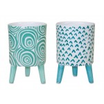 Pot With Legs (Set Of 2) 3.75"D x 6"H Dolomite, Blue, White, Blue