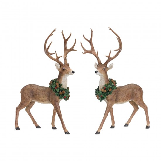 Deer W/Wreath (Set Of 2) 16"L x 28"H, 17"L x 28.5"H Resin