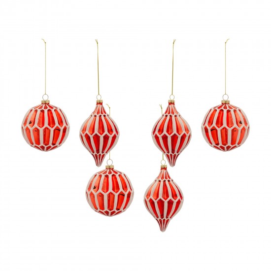 Ornament (Set Of 6) 4.75"H, 5.75"H Glass, Red, White