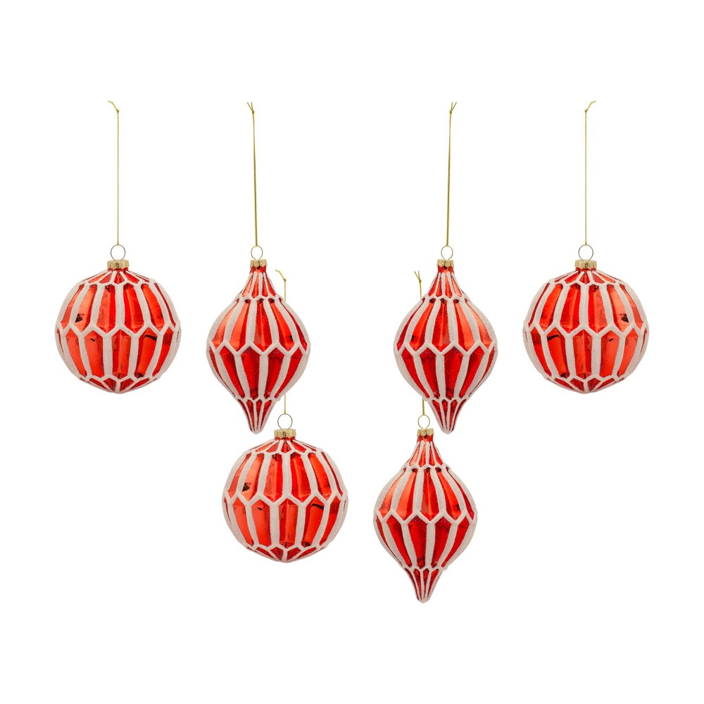 Ornament (Set Of 6) 4.75"H, 5.75"H Glass, Red, White