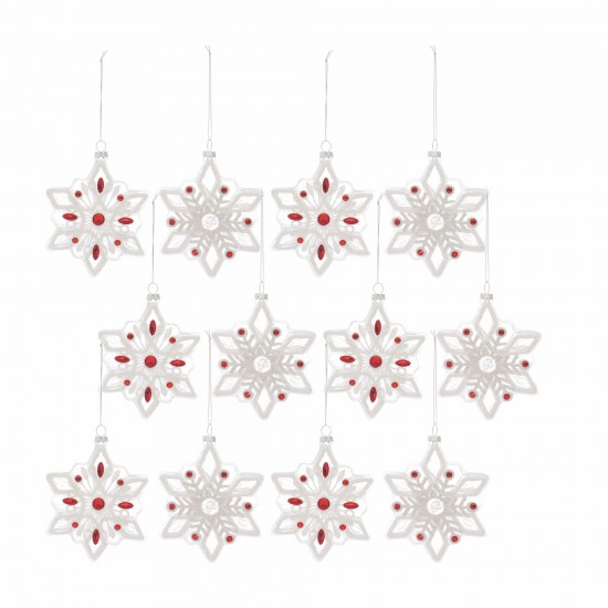 Snowflake Ornament (Set Of 12) 5.5"H Glass, Red, White