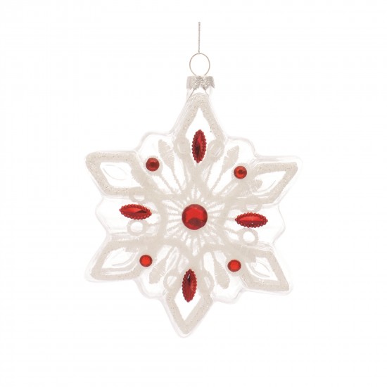 Snowflake Ornament (Set Of 12) 5.5"H Glass, Red, White