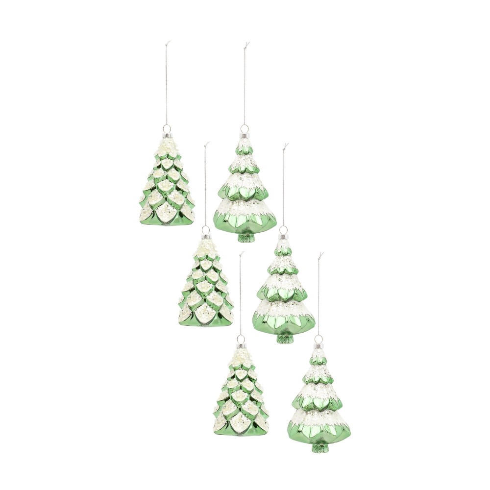 Tree Ornament (Set Of 6) 5"H, 5.75"H Glass, Green, White