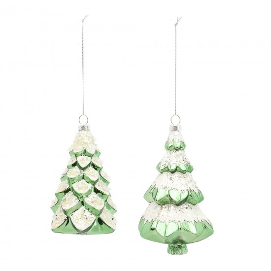 Tree Ornament (Set Of 6) 5"H, 5.75"H Glass, Green, White