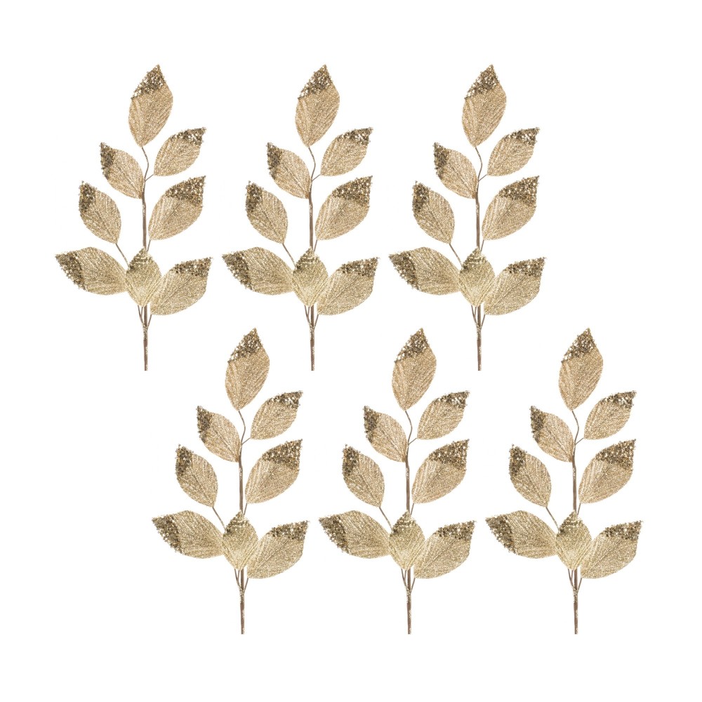 Leaf Spray (Set Of 6) 27"H Polyester, White, Gold