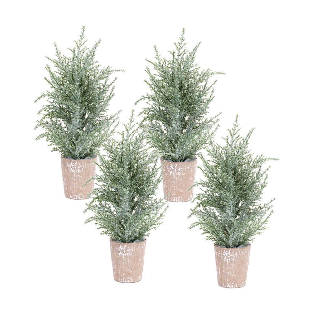 Potted Icy Pine Tree (Set Of 4) 15"H Plastic/Paper