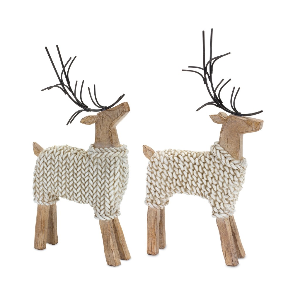 Deer W/Sweater (Set Of 2) 10.75"H, 12"H Resin/Metal, Beige, Brown