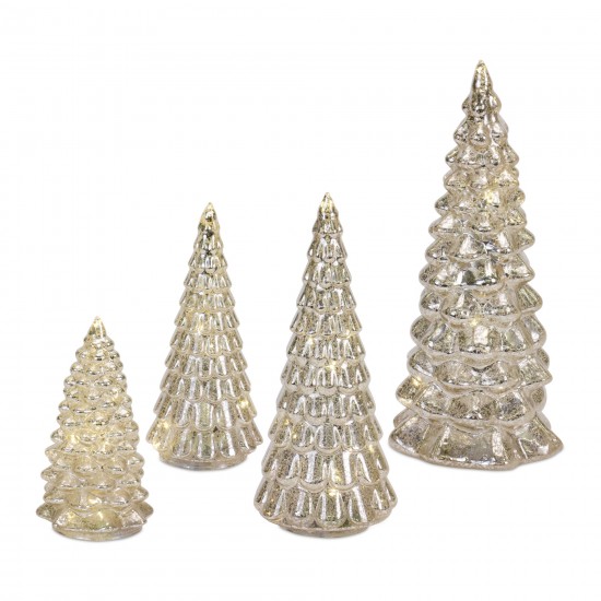 Led Tree (Set Of 4) 6.5"H, 7.75"H, 10"H, 12"H Glass 6 Hr Timer