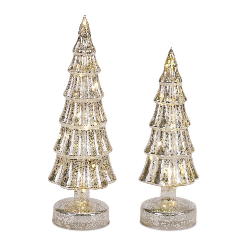 Led Tree (Set Of 3) 8.25"H, 11"H, 13"H Glass 6 Hr Timer