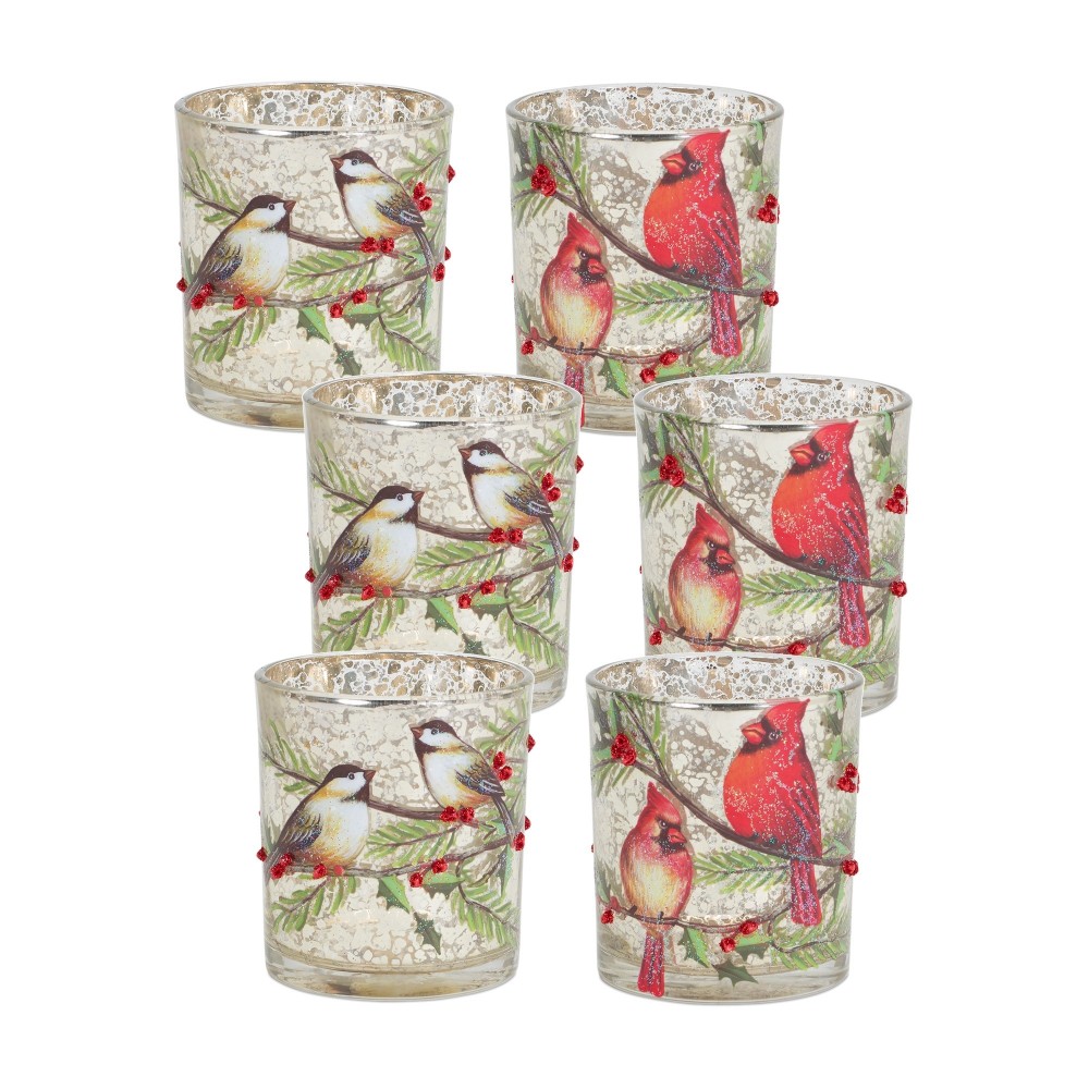 Cardinal And Bird Votive Holder (Set Of 6) 3"D x 3.25"H Glass