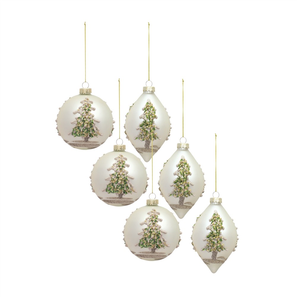 Ornament (Set Of 6) 5"H, 6"H Glass, Green, Gold, Silver