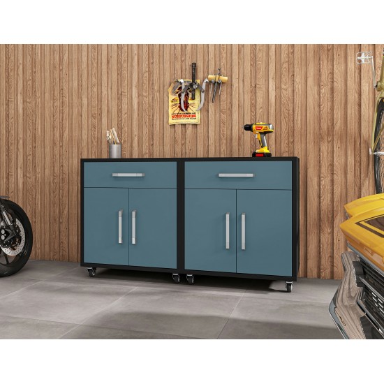 Eiffel Mobile Garage Cabinet in Matte Black and Aqua Blue (Set of 2)
