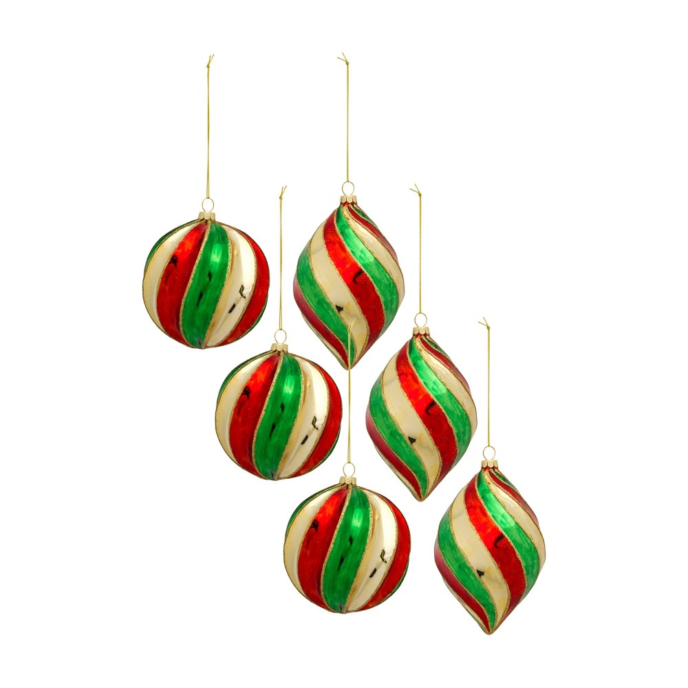 Ornament (Set Of 6) 5"H, 6"H Glass, Red, Gold, Green