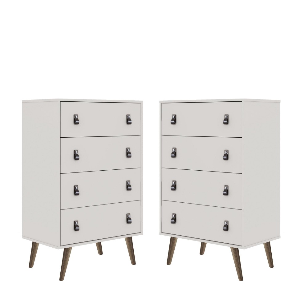 Amber Tall Dresser with Faux Leather Button Handles in White (Set of 2)