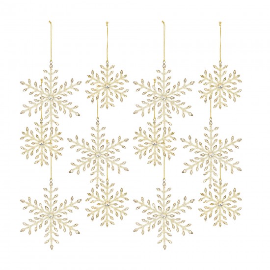 Snowflake Ornament (Set Of 12) 5"H, 7"H Iron/Glass Bead, Gold