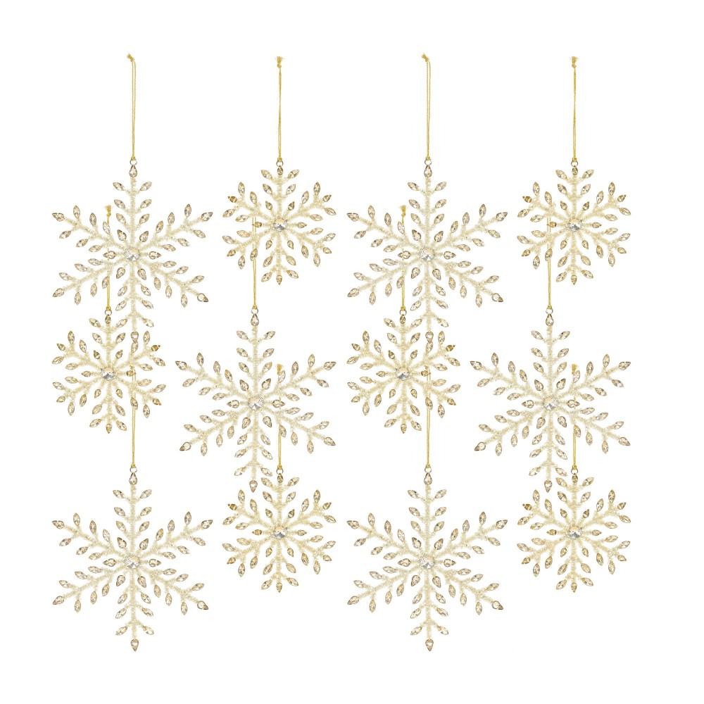 Snowflake Ornament (Set Of 12) 5"H, 7"H Iron/Glass Bead, Gold