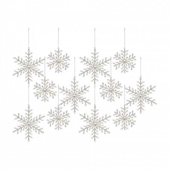 Snowflake Ornament (Set Of 12) 5"H, 7"H Iron/Glass Bead, Silver