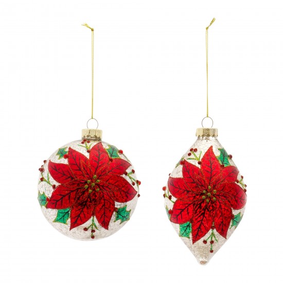 Poinsettia Ornament (Set Of 6) 5"H, 6"H Glass