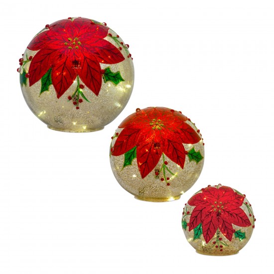 Led Poinsettia Orb (Set Of 3) 5"D, 6"D, 7"D Glass 3 Aaa Batteries Not Included