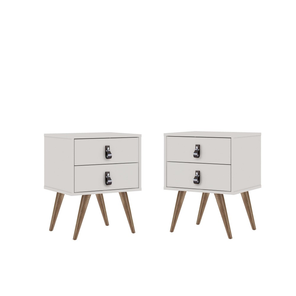 Amber Nightstand with Faux Leather Button Handles in White (Set of 2)