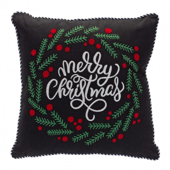 Merry Christmas And Pine Wreath Pillow 15"Sq Polyester