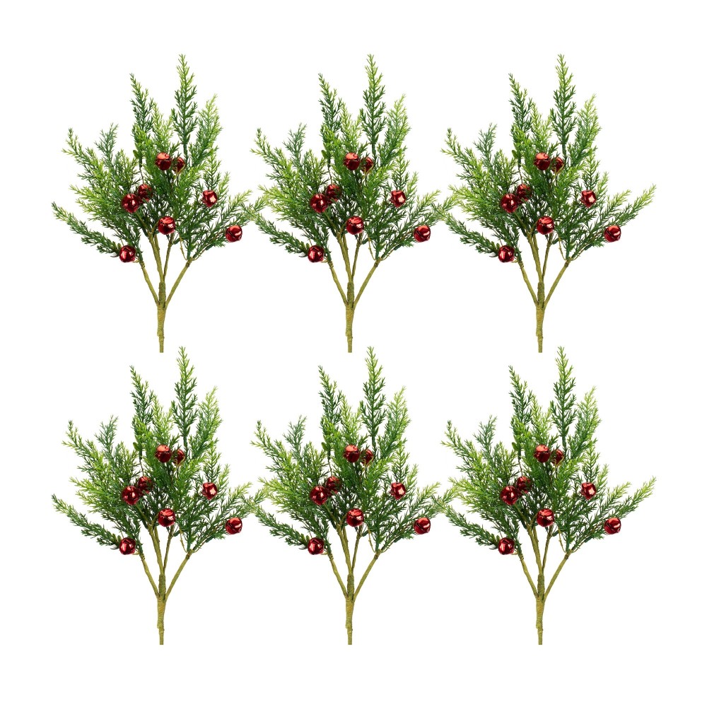 Pine Pick W/Bells (Set Of 6) 16.75"H Plastic, Green, Red