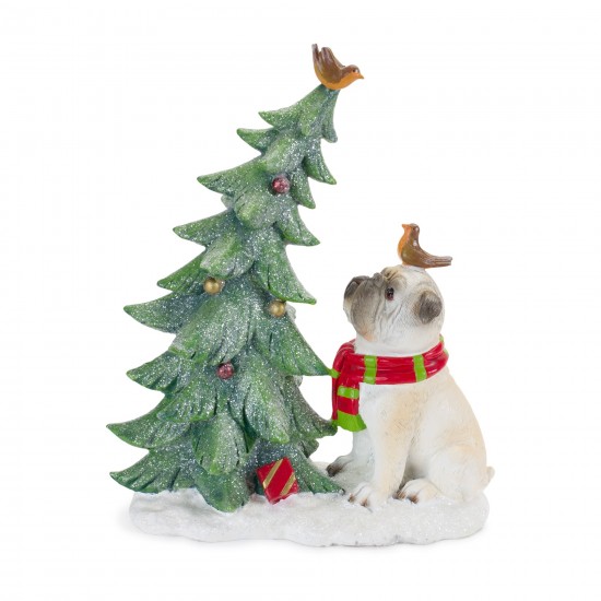 Dog W/Tree 11.25"H Resin