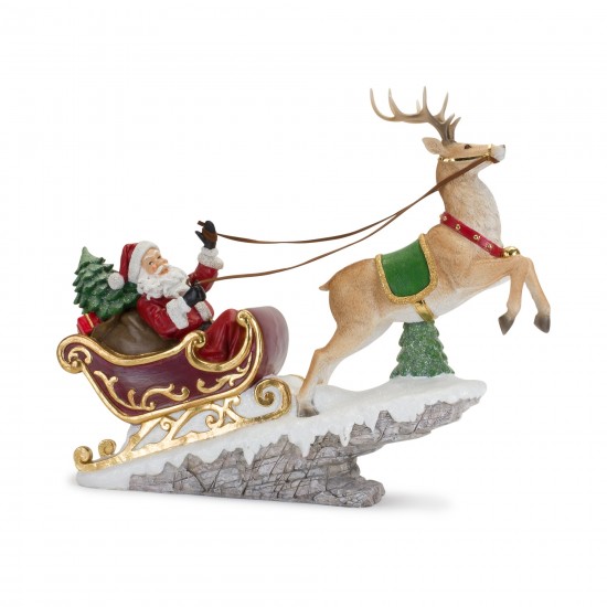 Santa In Sleigh W/Deer 21.5"L x 18"H Resin