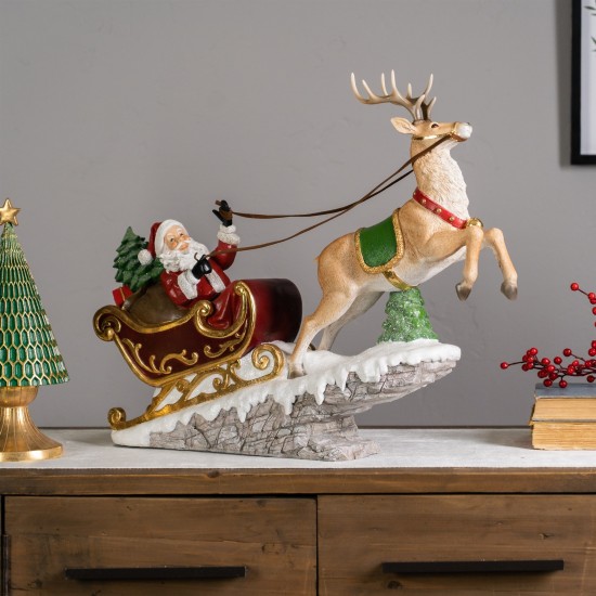 Santa In Sleigh W/Deer 21.5"L x 18"H Resin