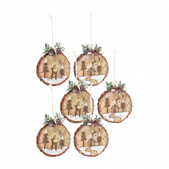 Cabin And Deer Ornament (Set Of 6) 4.5"H Glass