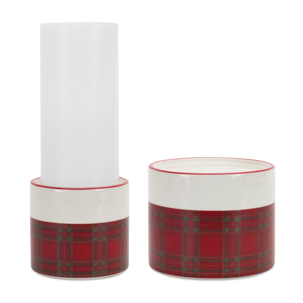 Plaid Candle Holder (Set Of 2) 3.75"D x 3.5"H, 5"D x 4"H Ceramic