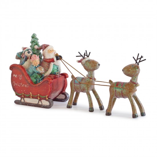 Santa In Sleigh W/Reindeer 11.25"L x 4.25"H Resin