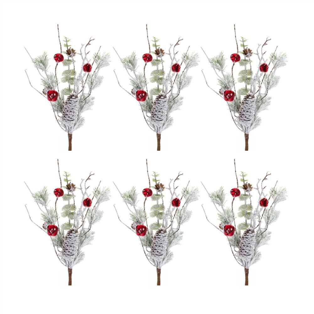 Snow Pine Pick W/Sleigh Bells (Set Of 6) 16.5"H Plastic