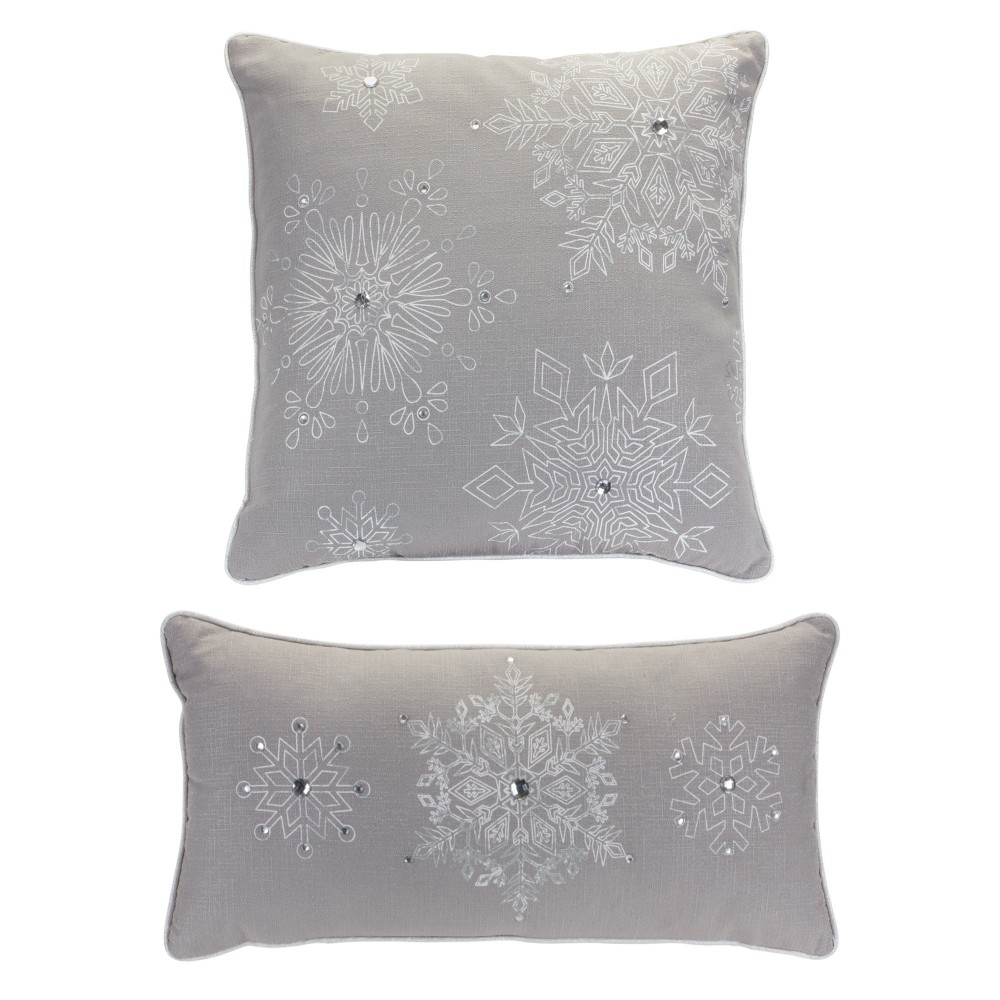 Snowflake Pillow (Set Of 2) 17"Sq, 19"L x 9"H Polyester, Grey, Silver