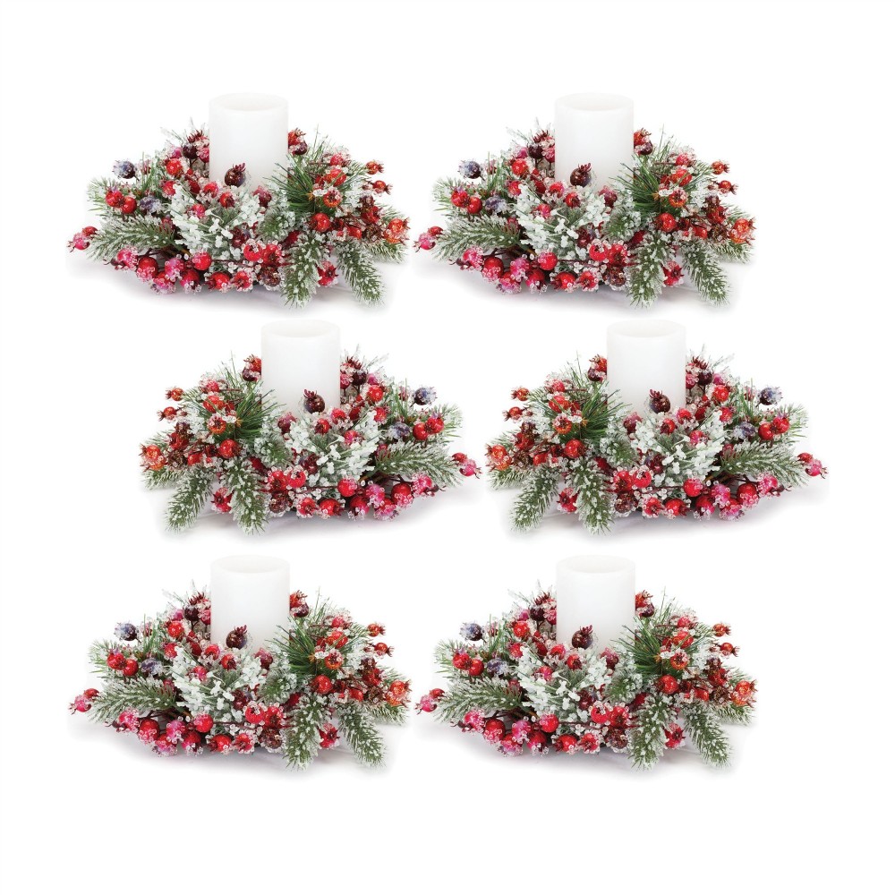 Iced Pine And Berry Candle Ring (Set Of 6) 12"D Plastic (Fits A 4" Candle)